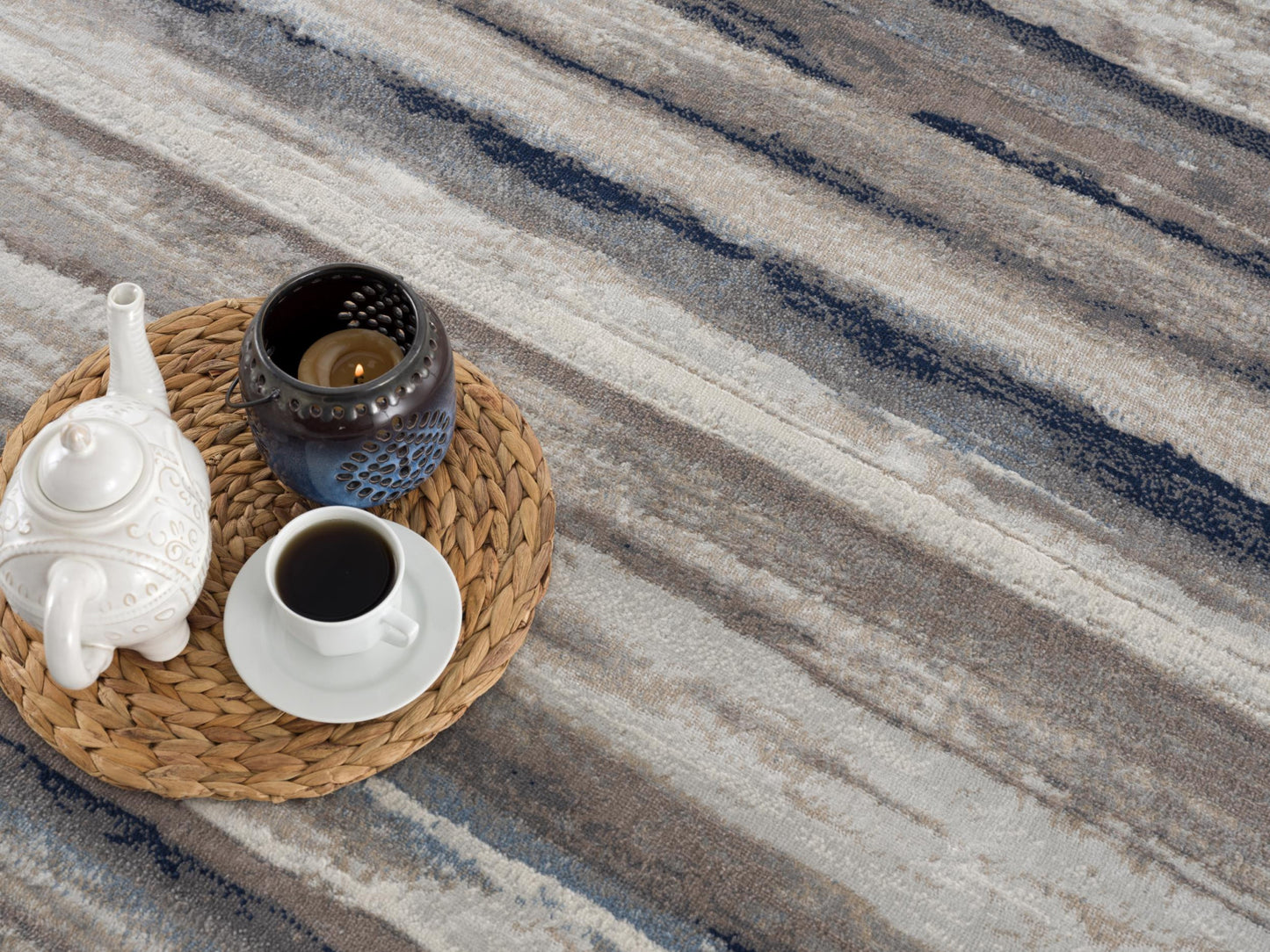 2’ X 6’ Blue And Beige Distressed Stripes Area Rug