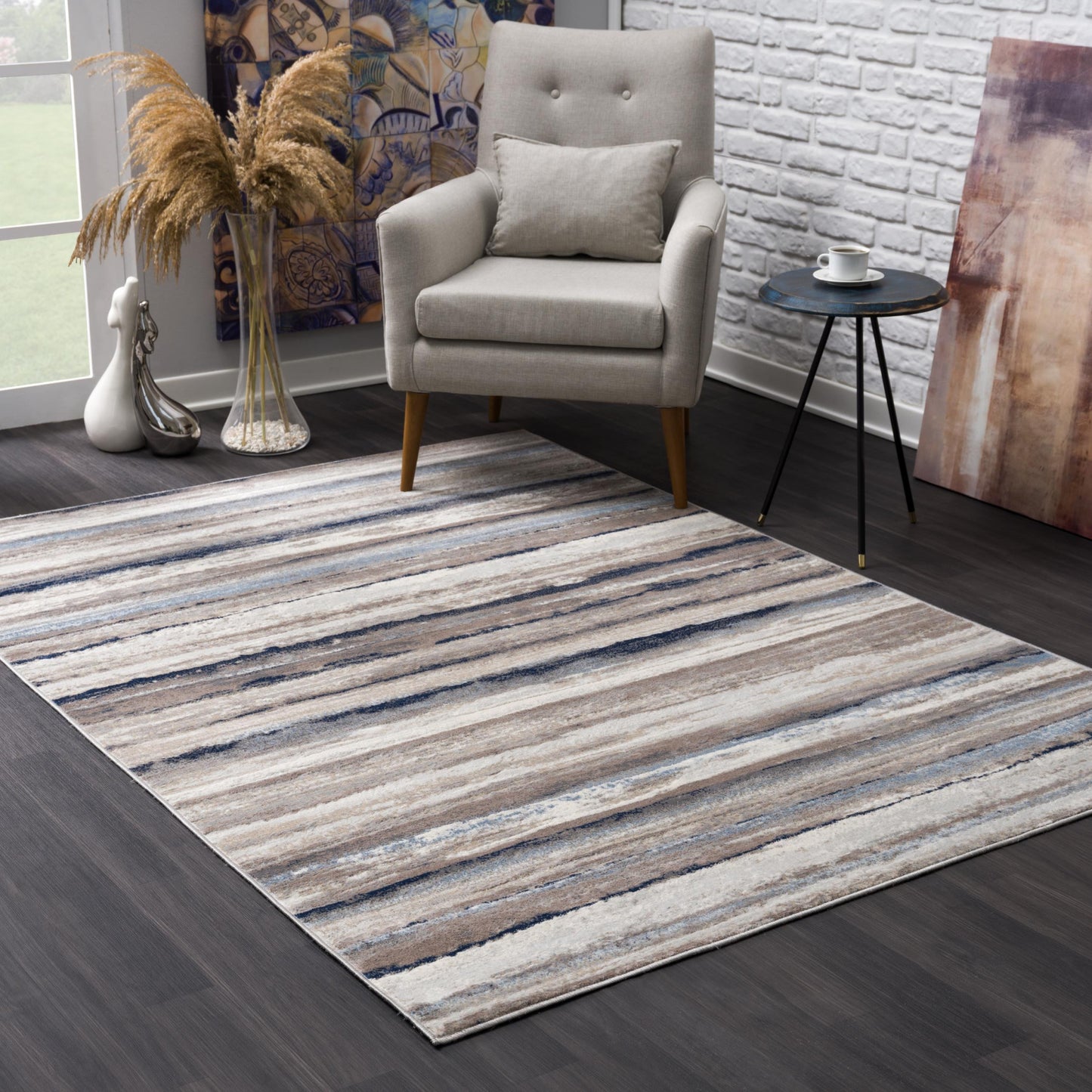 2’ X 6’ Blue And Beige Distressed Stripes Area Rug