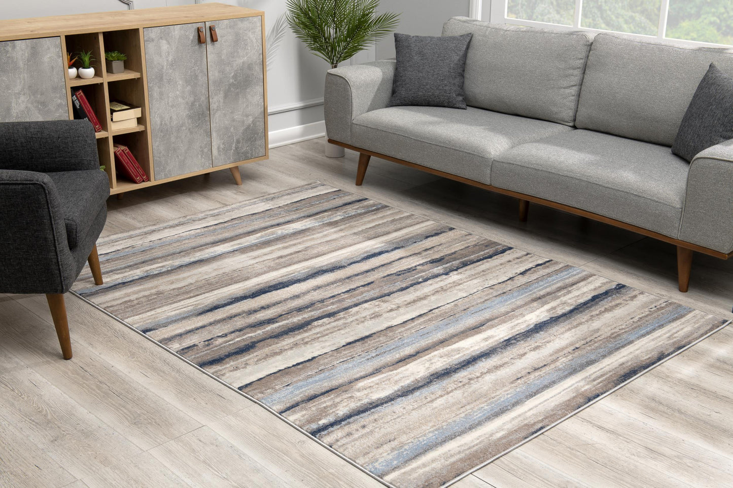 2’ X 6’ Blue And Beige Distressed Stripes Area Rug