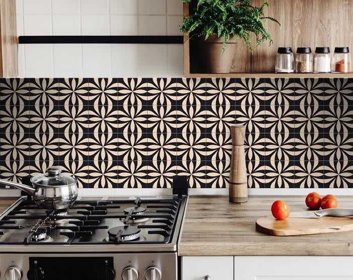 6" X 6" Intertwined Black And Cream Peel And Stick Removable Tiles
