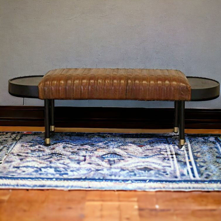 Warm Brown Leather And Solid Wood Bench