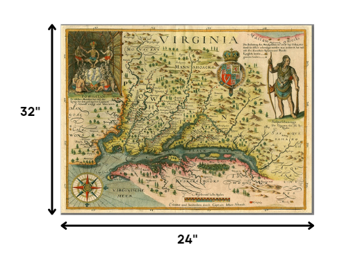24" X 32" Map Of Virginia C1627 Vintage Poster Wall Art
