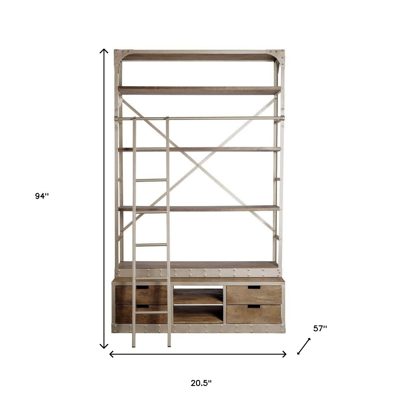 94" Brown Iron Six Tier Standard Bookcase With Four Drawers
