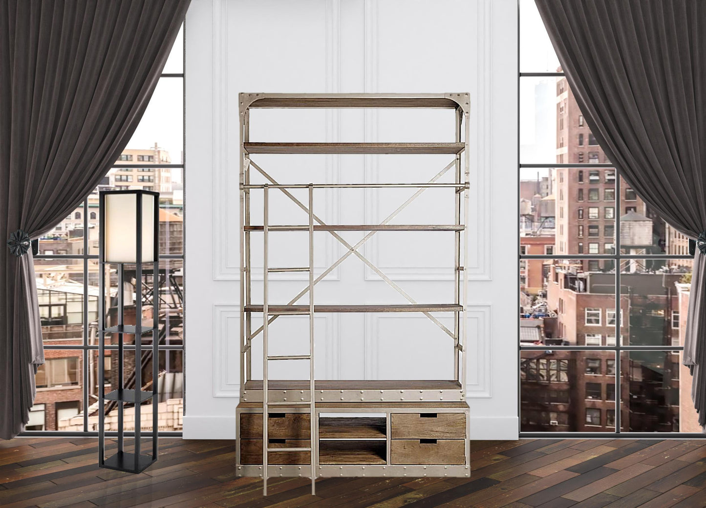 94" Brown Iron Six Tier Standard Bookcase With Four Drawers