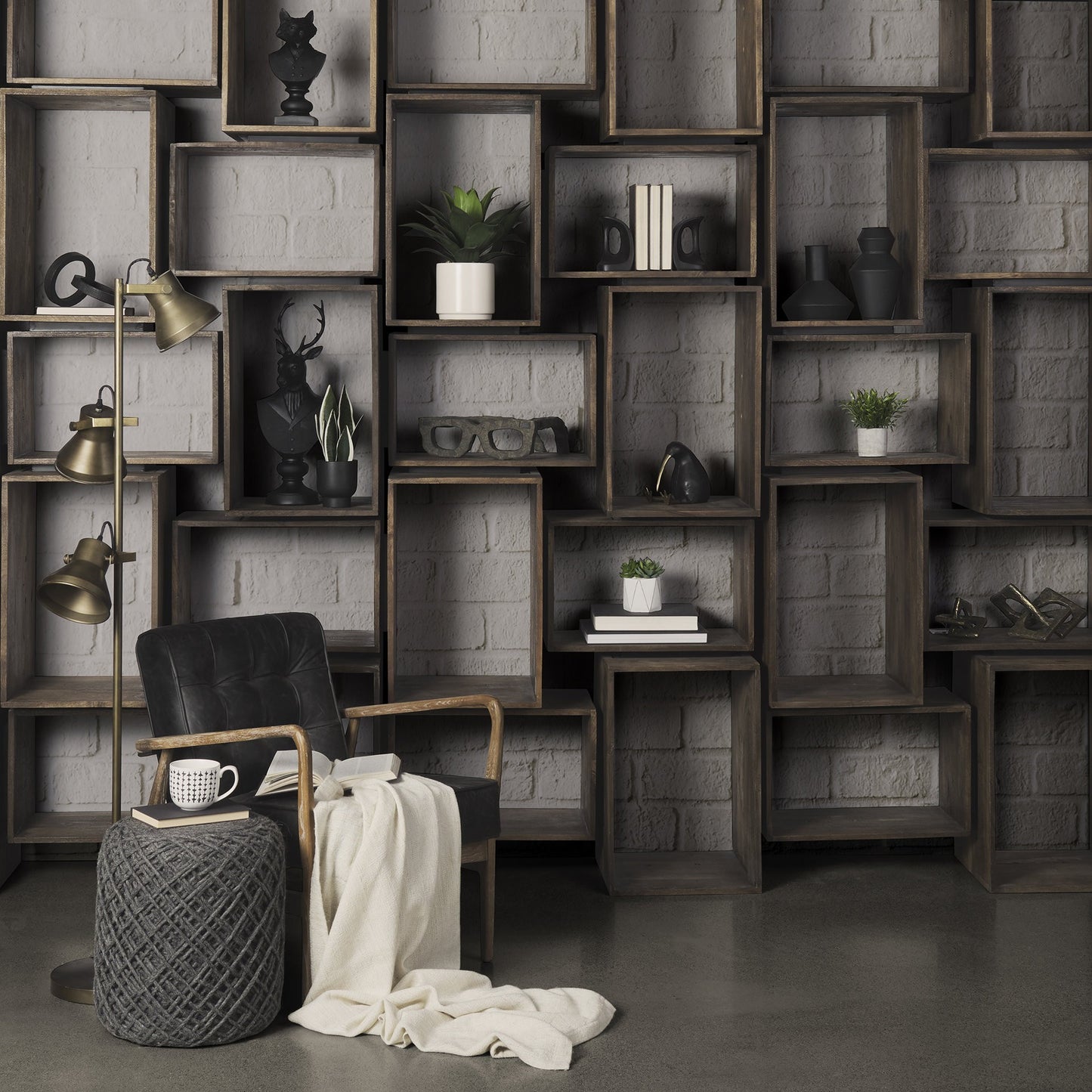 Set Of Two Rustic Dark Brown Cube Box Shelves