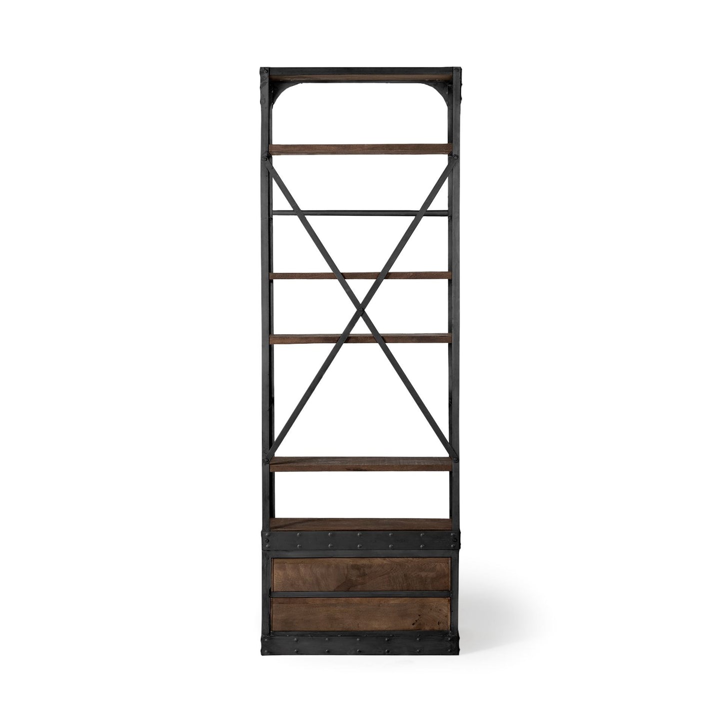 94" Black Iron Five Tier Standard Bookcase With Two Drawers