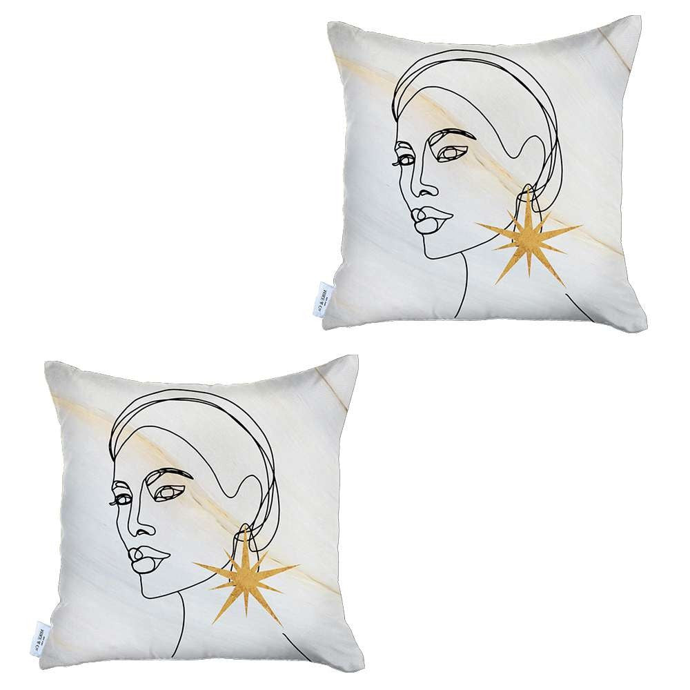 Set Of 2 White Printed Art Pillow Covers