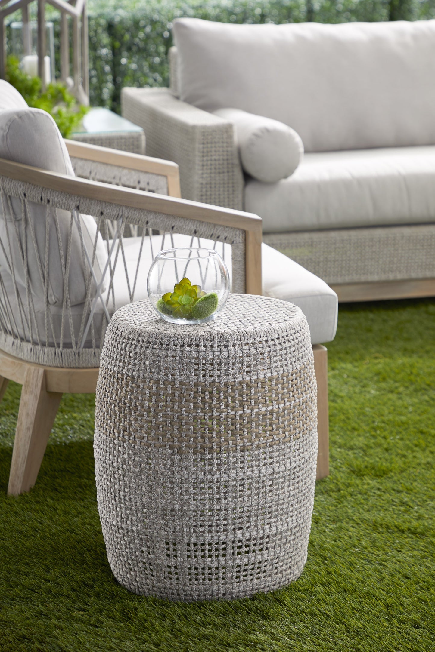 17" Taupe and White Woven Indoor or Outdoor End Table