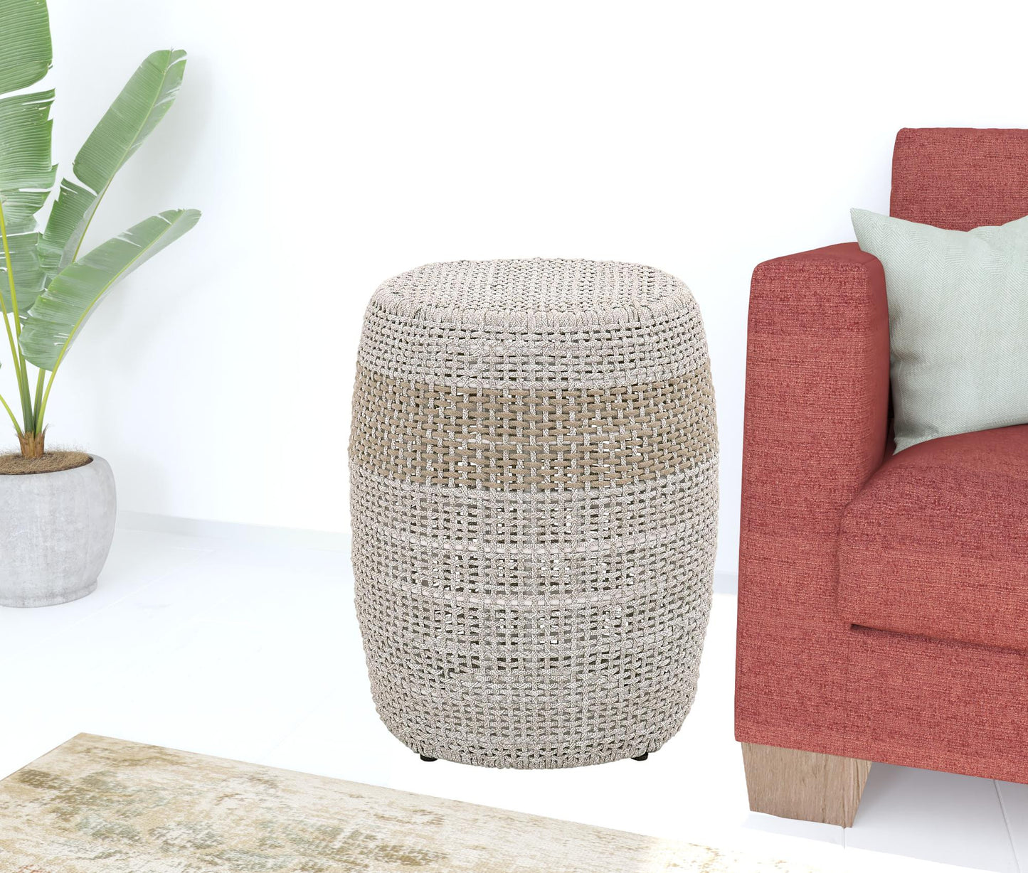17" Taupe and White Woven Indoor or Outdoor End Table