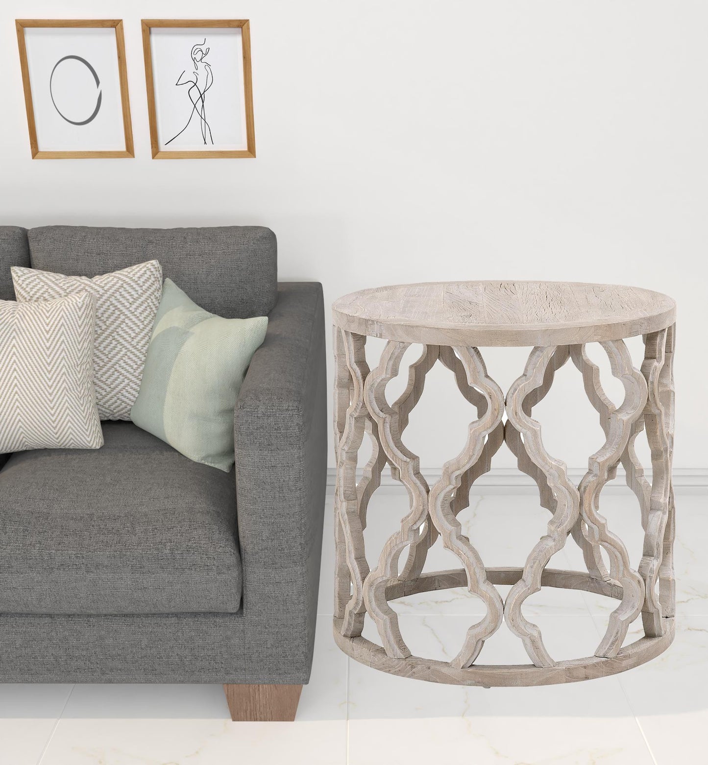 24" Smoke Gray Solid Wood Quatrefoil Round End Table