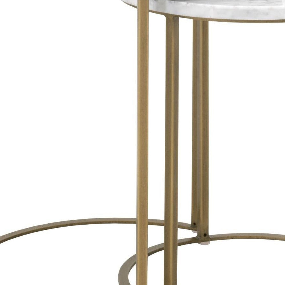 Set Of Two 21" Gold And White Marble Round Nested Tables
