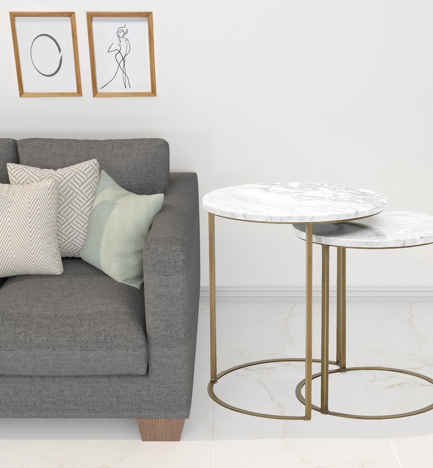 Set Of Two 21" Gold And White Marble Round Nested Tables