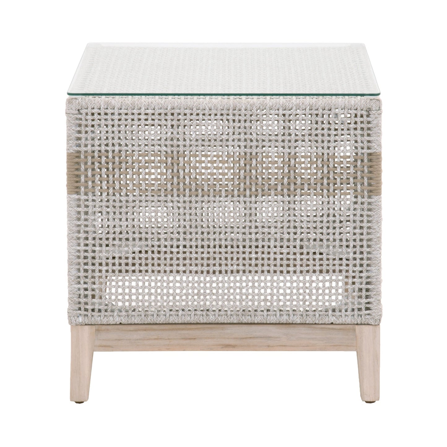 22" Taupe and White Rope and Glass Indoor Outdoor End Table