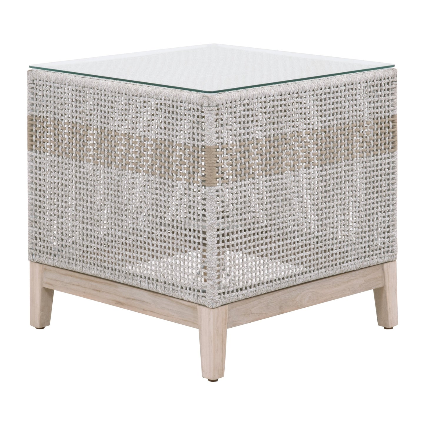 22" Taupe and White Rope and Glass Indoor Outdoor End Table