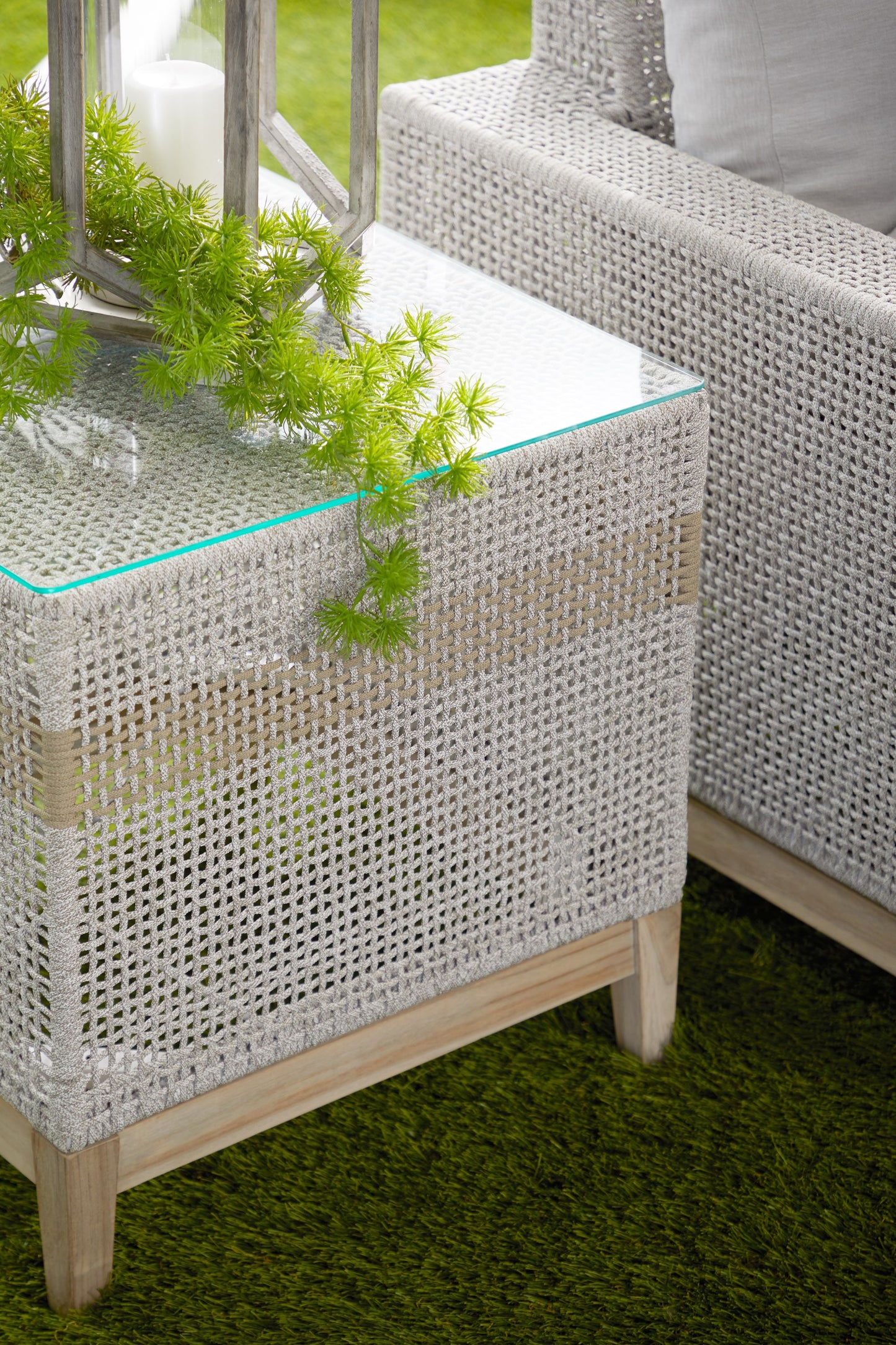 22" Taupe and White Rope and Glass Indoor Outdoor End Table