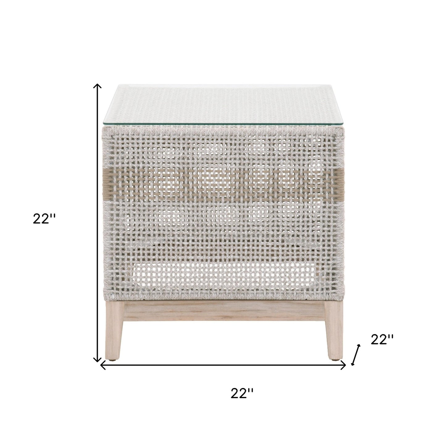 22" Taupe and White Rope and Glass Indoor Outdoor End Table