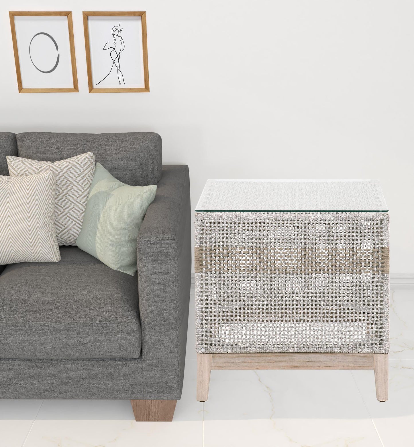 22" Taupe and White Rope and Glass Indoor Outdoor End Table