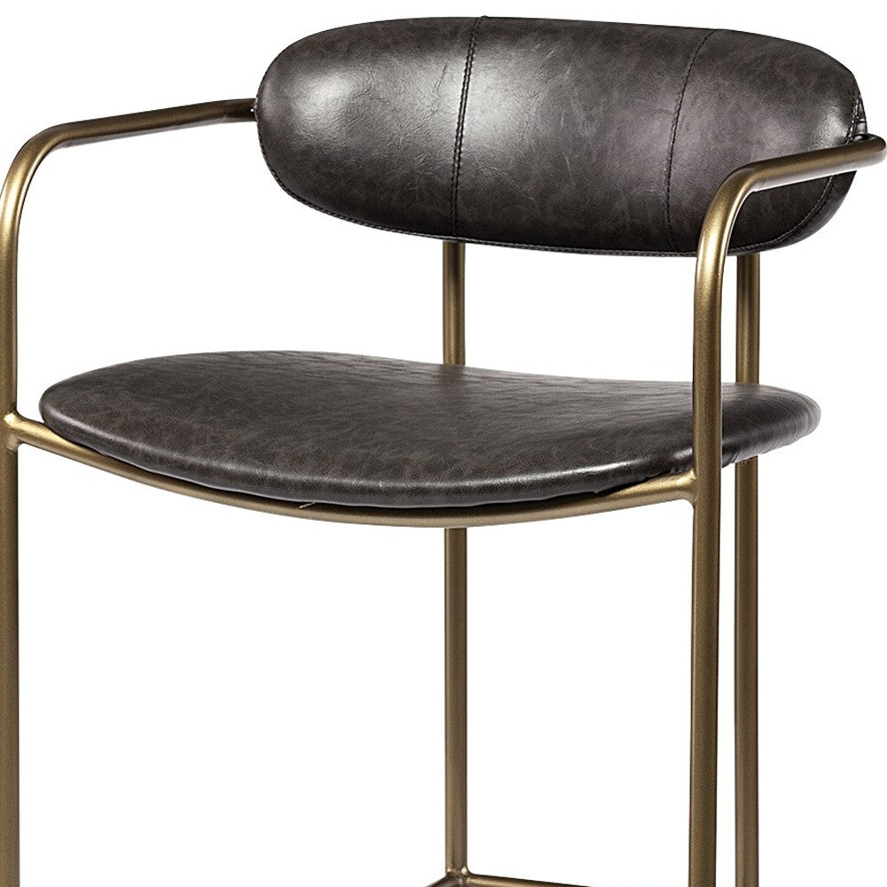 30" Brown And Gold Faux Leather And Steel Bar Height Bar Chair With Footrest