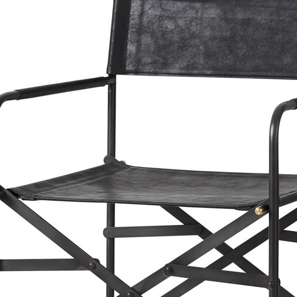 40" Brown And Black Leather And Iron Bar Chair With Footrest