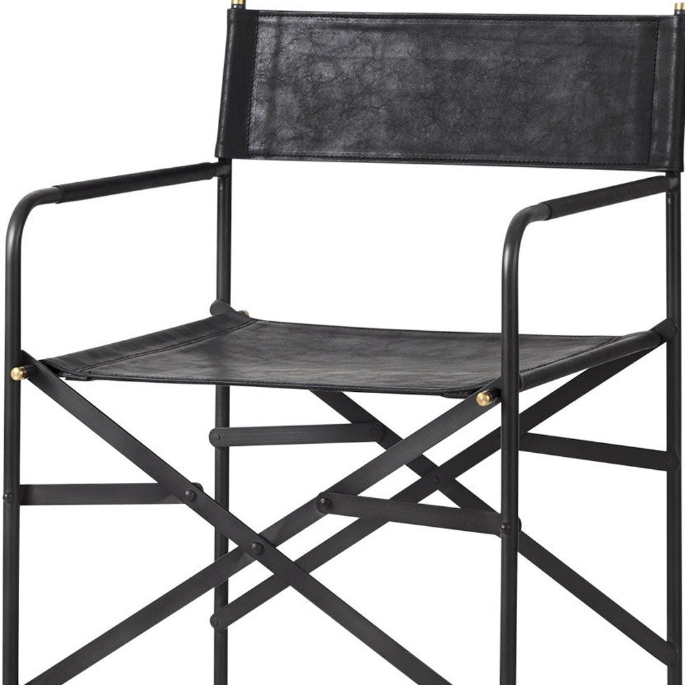 40" Brown And Black Leather And Iron Bar Chair With Footrest
