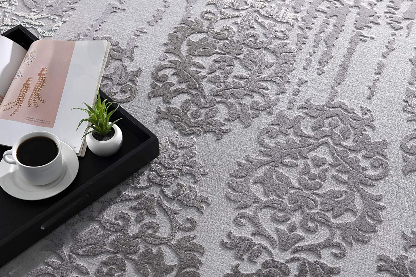 5' X 7' Gray Damask Power Loom Area Rug