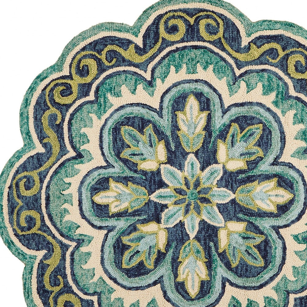 4’ Round Green Floral Artwork Area Rug