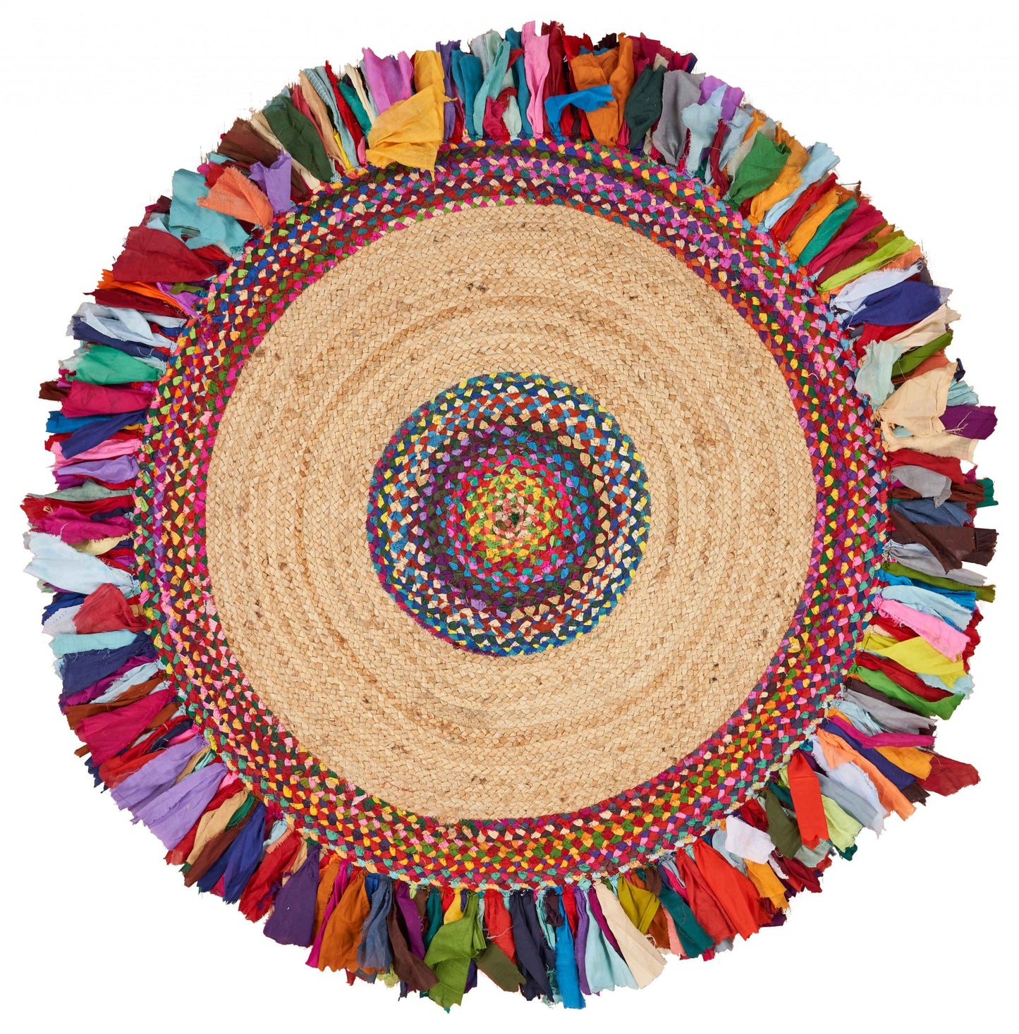 Natural Jute Multicolored Medallion Area Rug With Fringe