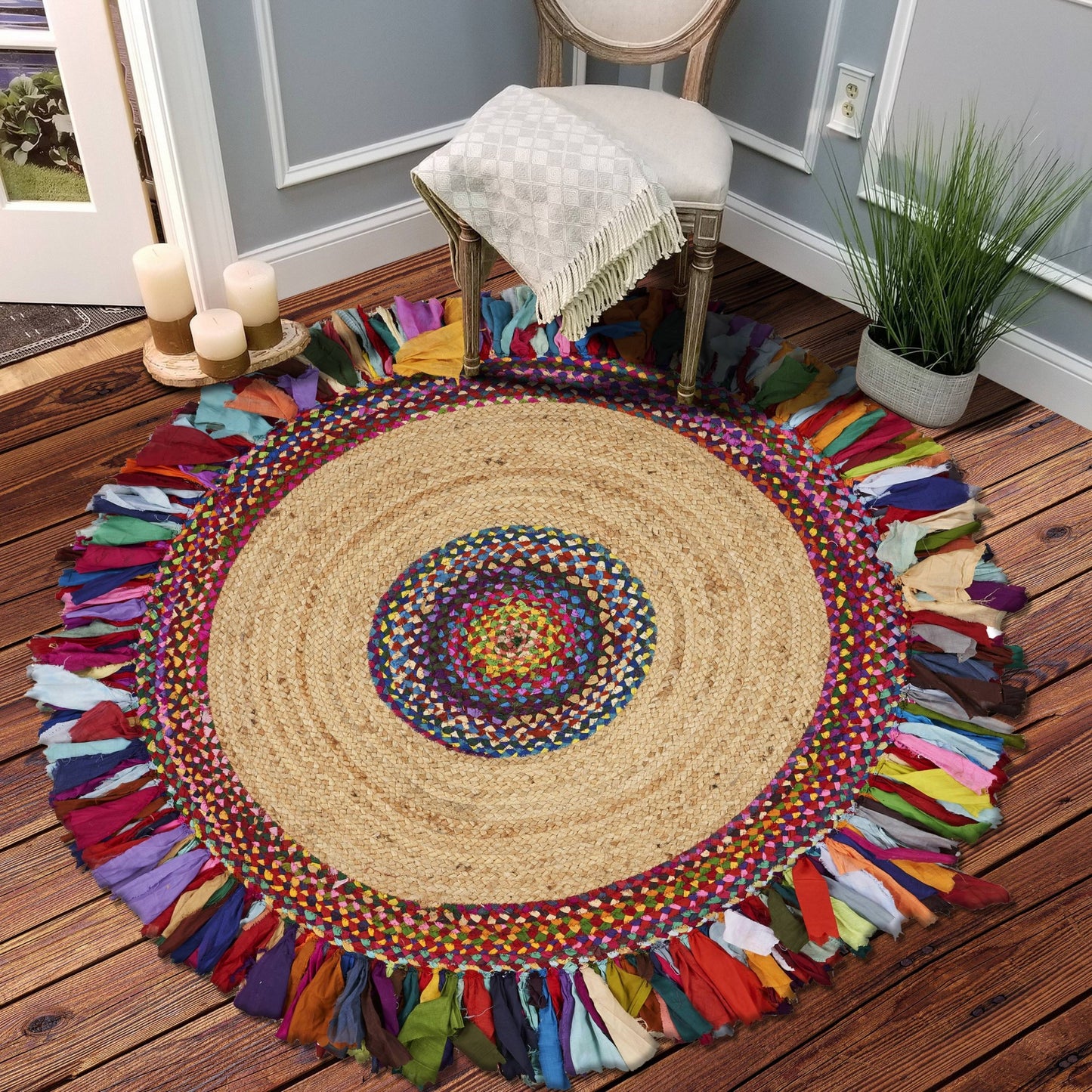 Natural Jute Multicolored Medallion Area Rug With Fringe