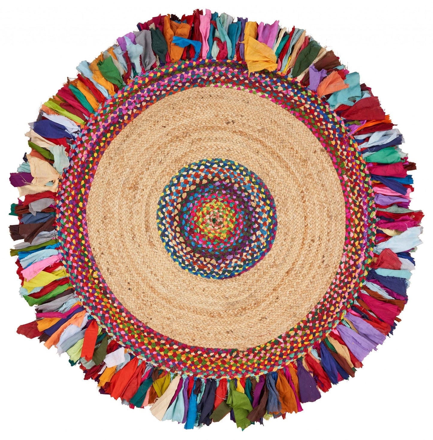 Natural Jute Multicolored Medallion Area Rug With Fringe