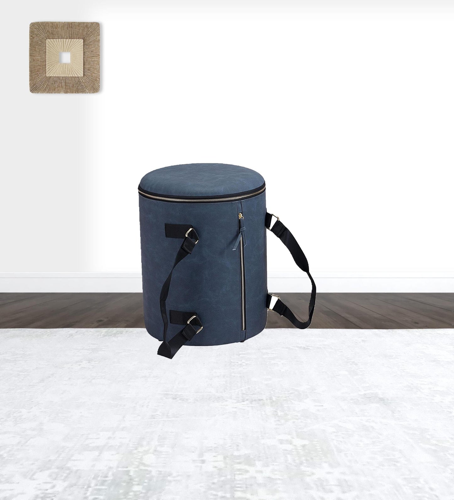 14" Blue Microfiber Round Ombre Indoor Outdoor Pouf Ottoman with Hinged Lid