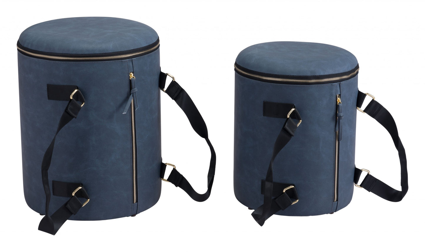 14" Blue Microfiber Round Ombre Indoor Outdoor Pouf Ottoman with Hinged Lid