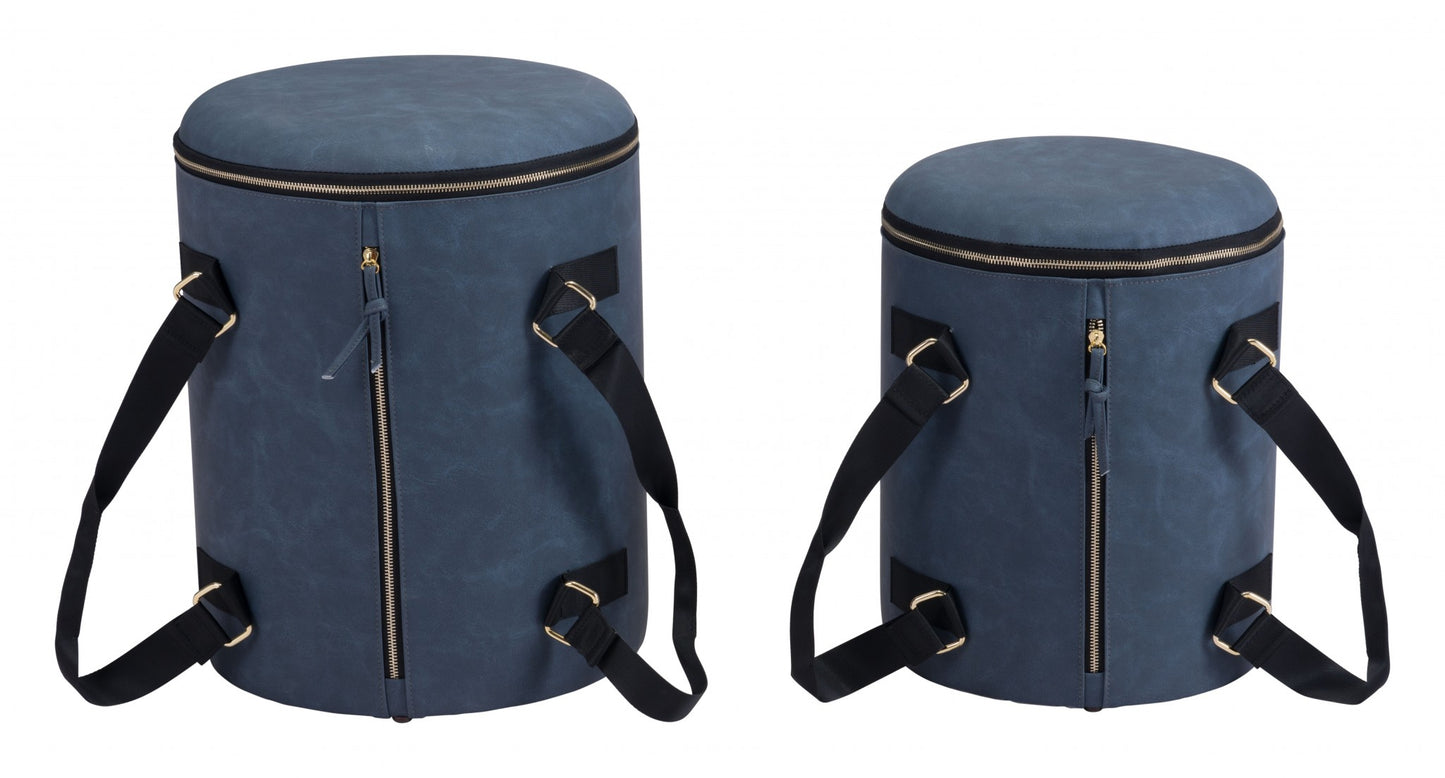 14" Blue Microfiber Round Ombre Indoor Outdoor Pouf Ottoman with Hinged Lid