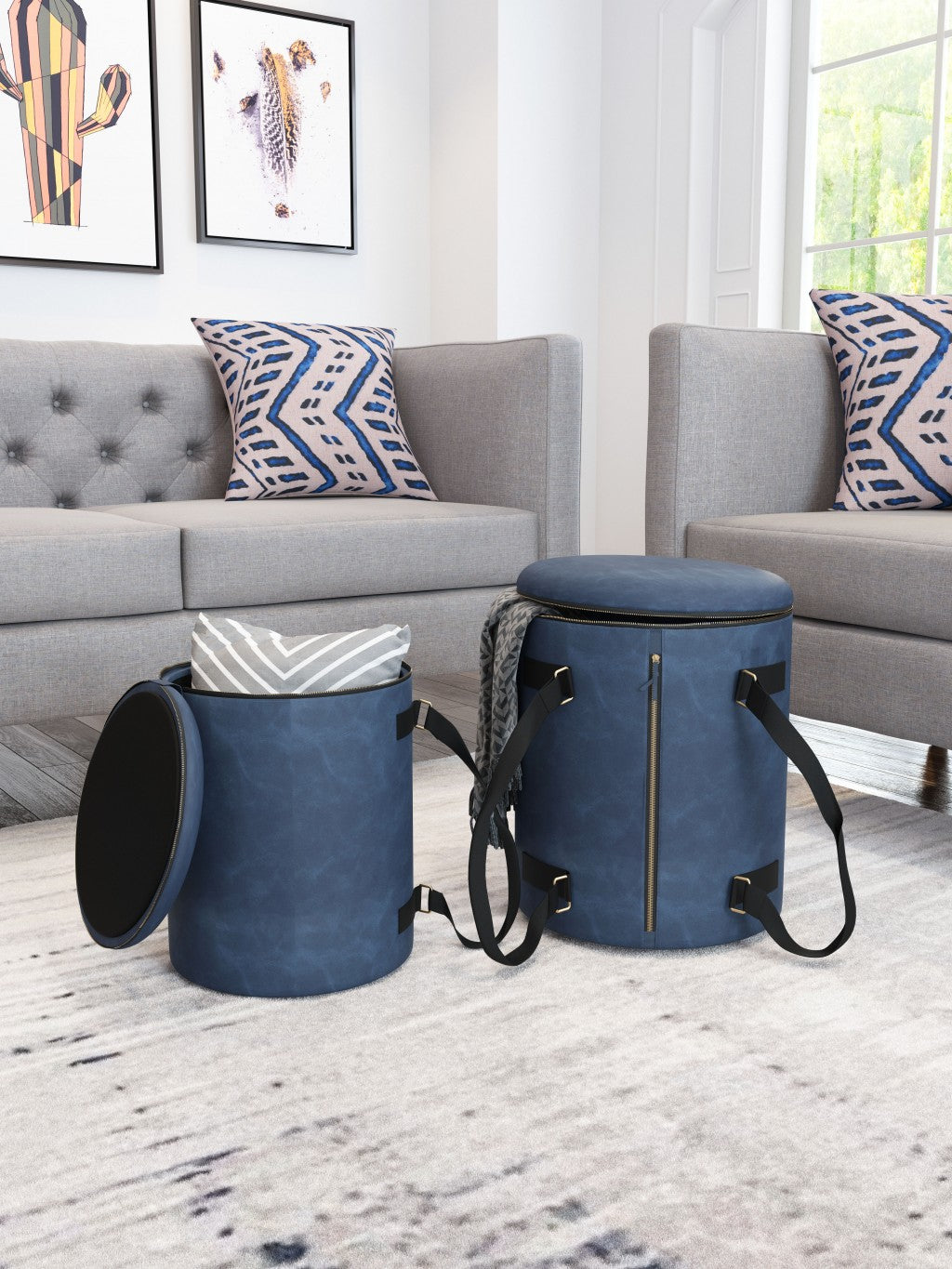 14" Blue Microfiber Round Ombre Indoor Outdoor Pouf Ottoman with Hinged Lid