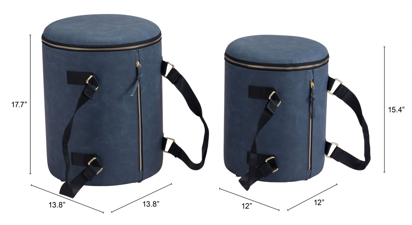 14" Blue Microfiber Round Ombre Indoor Outdoor Pouf Ottoman with Hinged Lid