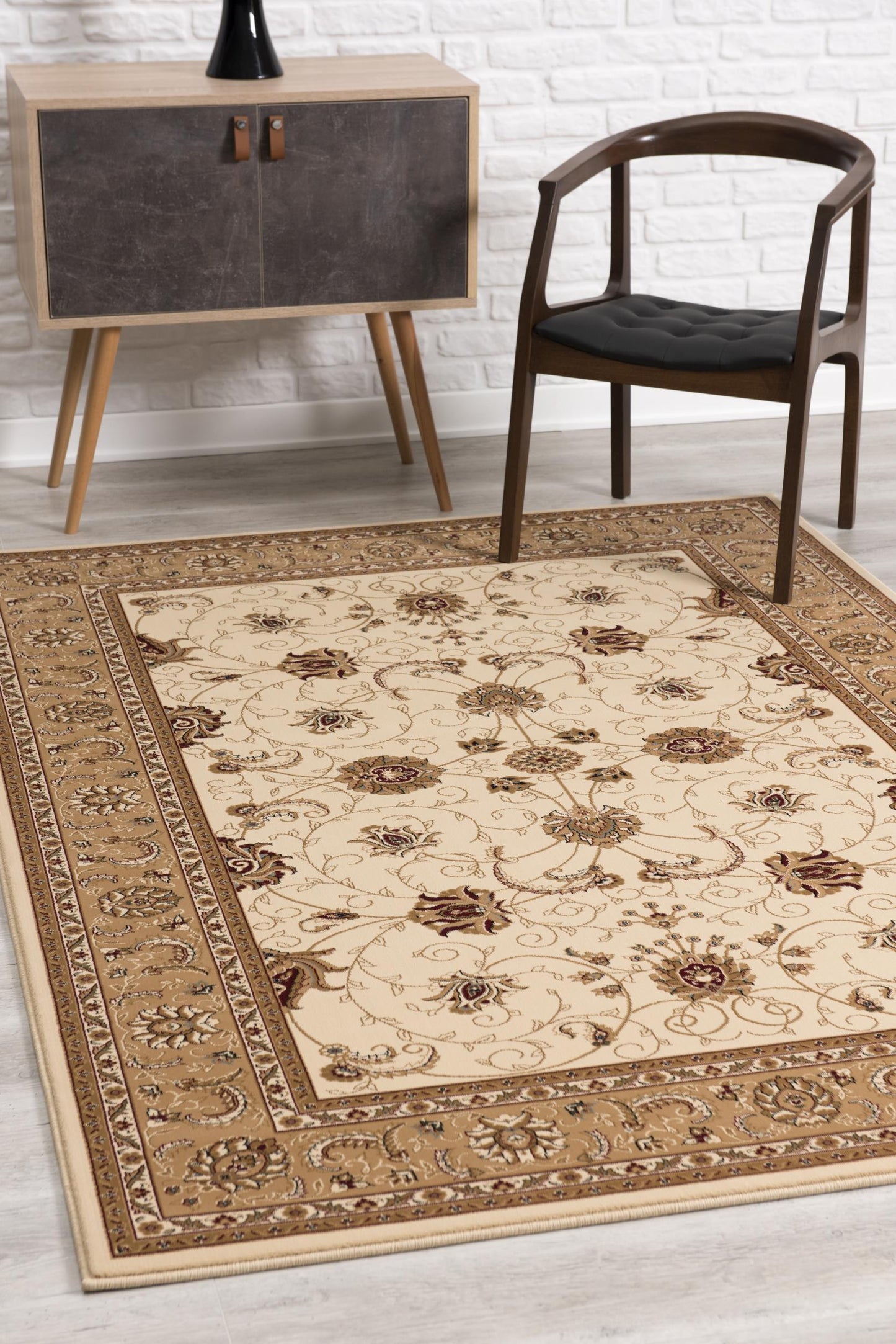 5’ x 8’ Cream and Tan Ornate Border Area Rug