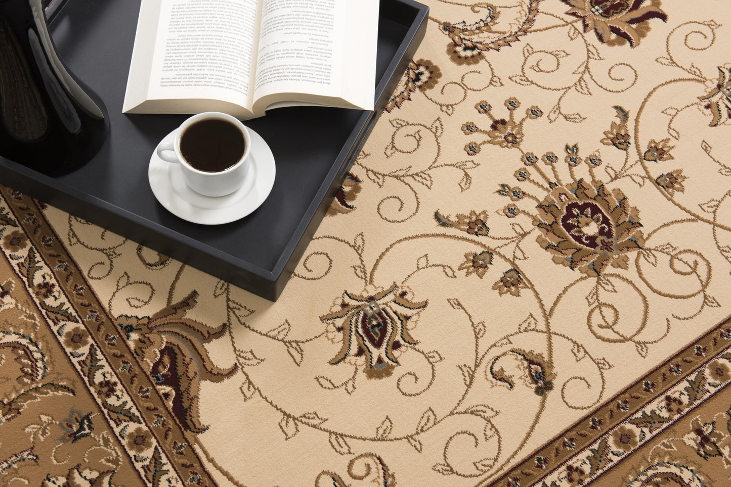 5’ x 8’ Cream and Tan Ornate Border Area Rug