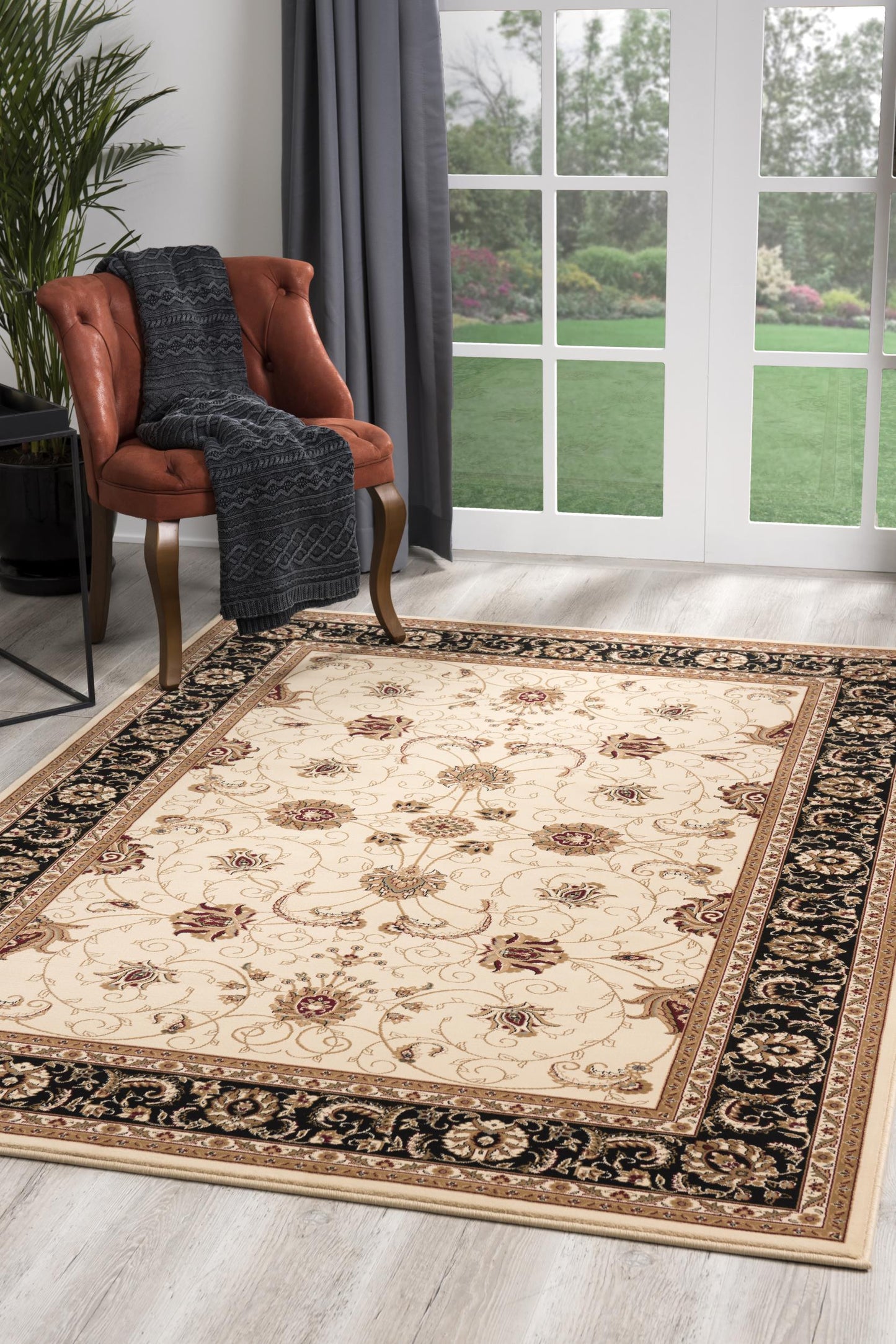 7’ x 9’ Cream and Black Decorative Area Rug