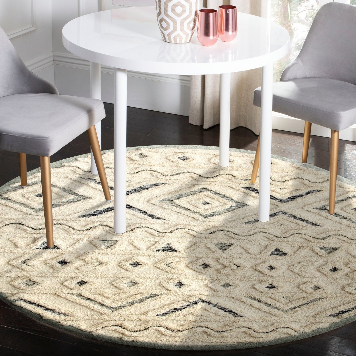 6’ Round Cream Modern Geometric Area Rug