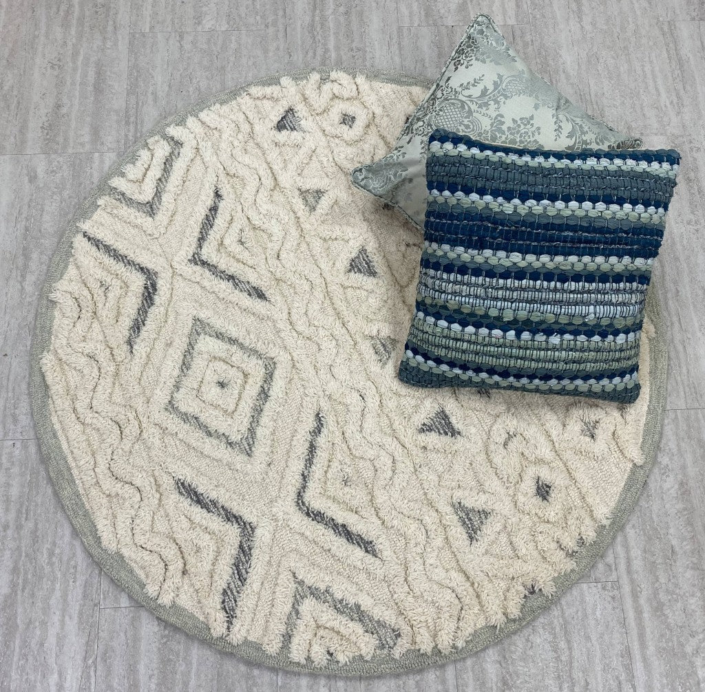 6’ Round Cream Modern Geometric Area Rug