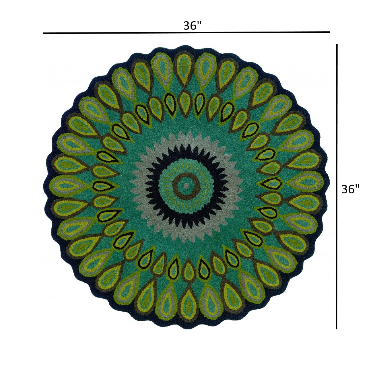 5’ Round Green Peacock Feather Area Rug