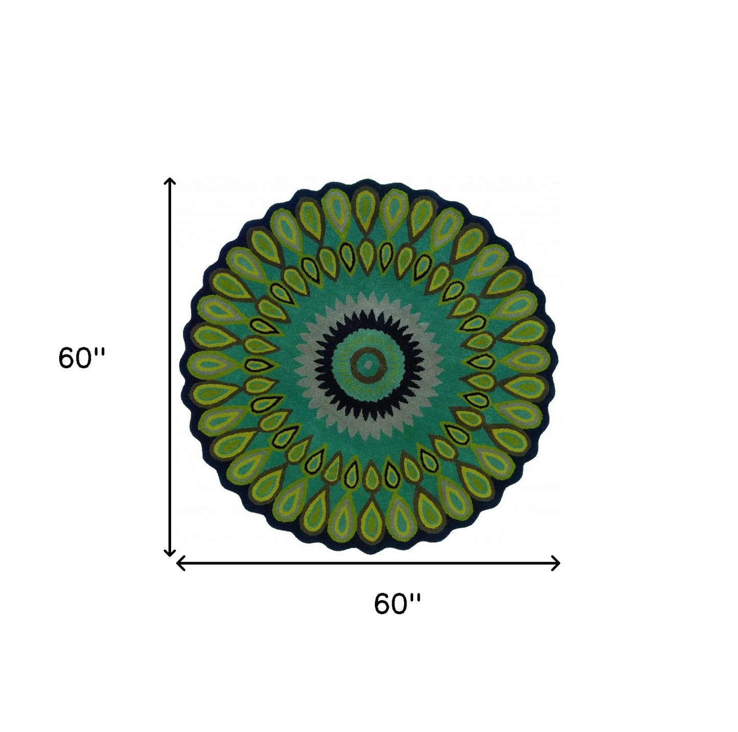 5’ Round Green Peacock Feather Area Rug