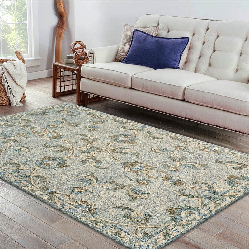 7' Blue And Ivory Round Wool Hand Tufted Area Rug