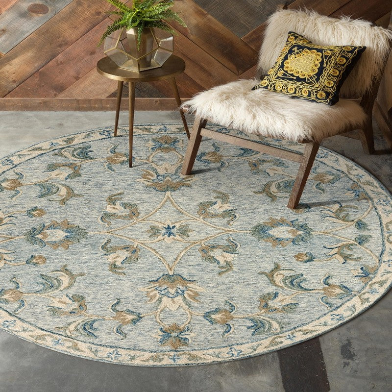 7' Blue And Ivory Round Wool Hand Tufted Area Rug