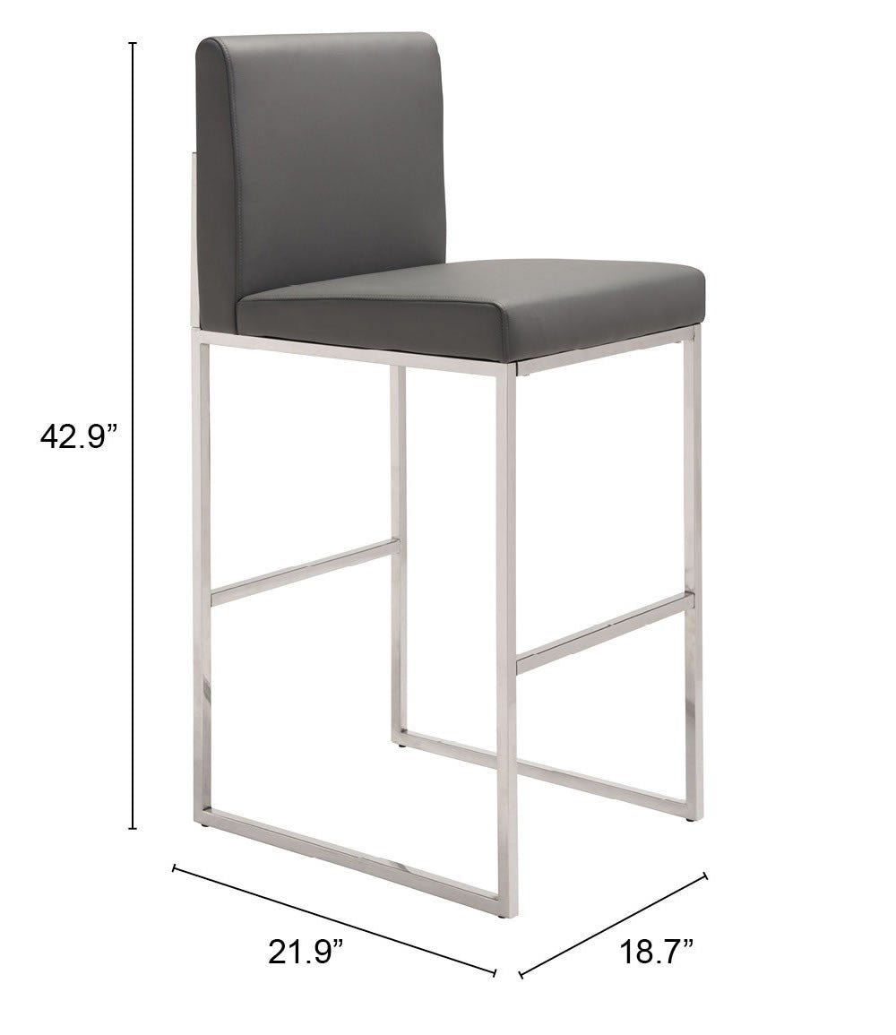 43" Gray Faux Leather And Chrome Low Back Bar Height Chair With Footrest