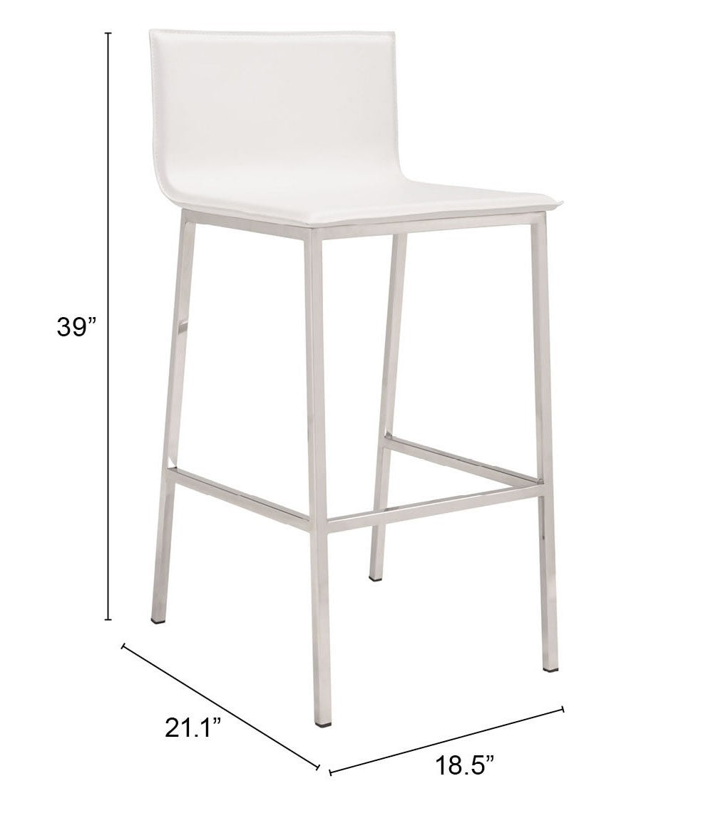 Set Of Two 39" White And Silver Steel Low Back Bar Height Chairs With Footrest