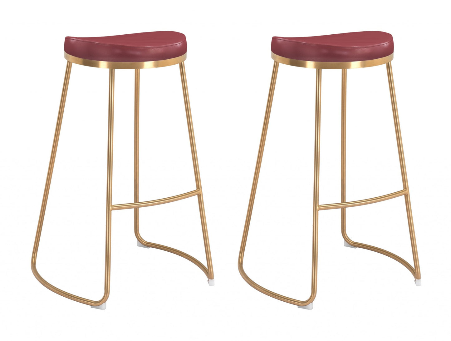 Set Of Two 31" Burgundy And Gold Steel Backless Bar Height Chairs With Footrest