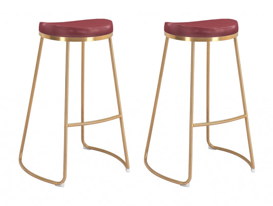 Set Of Two 31" Burgundy And Gold Steel Backless Bar Height Chairs With Footrest