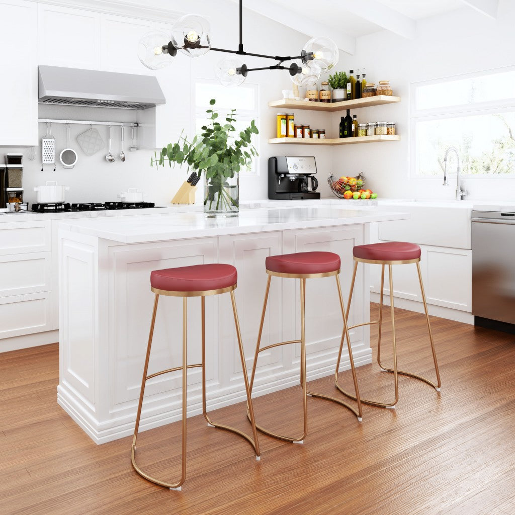 Set Of Two 31" Burgundy And Gold Steel Backless Bar Height Chairs With Footrest