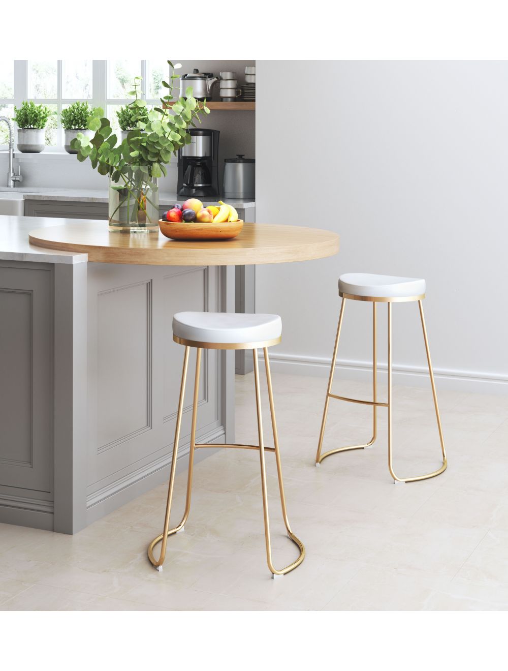 Set Of Two 31" White And Gold Steel Backless Bar Height Chairs With Footrest