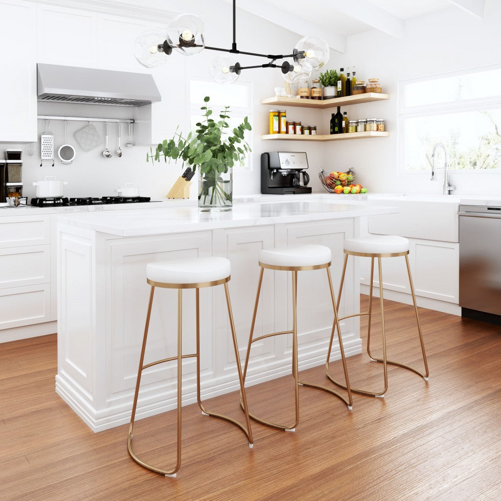 Set Of Two 31" White And Gold Steel Backless Bar Height Chairs With Footrest
